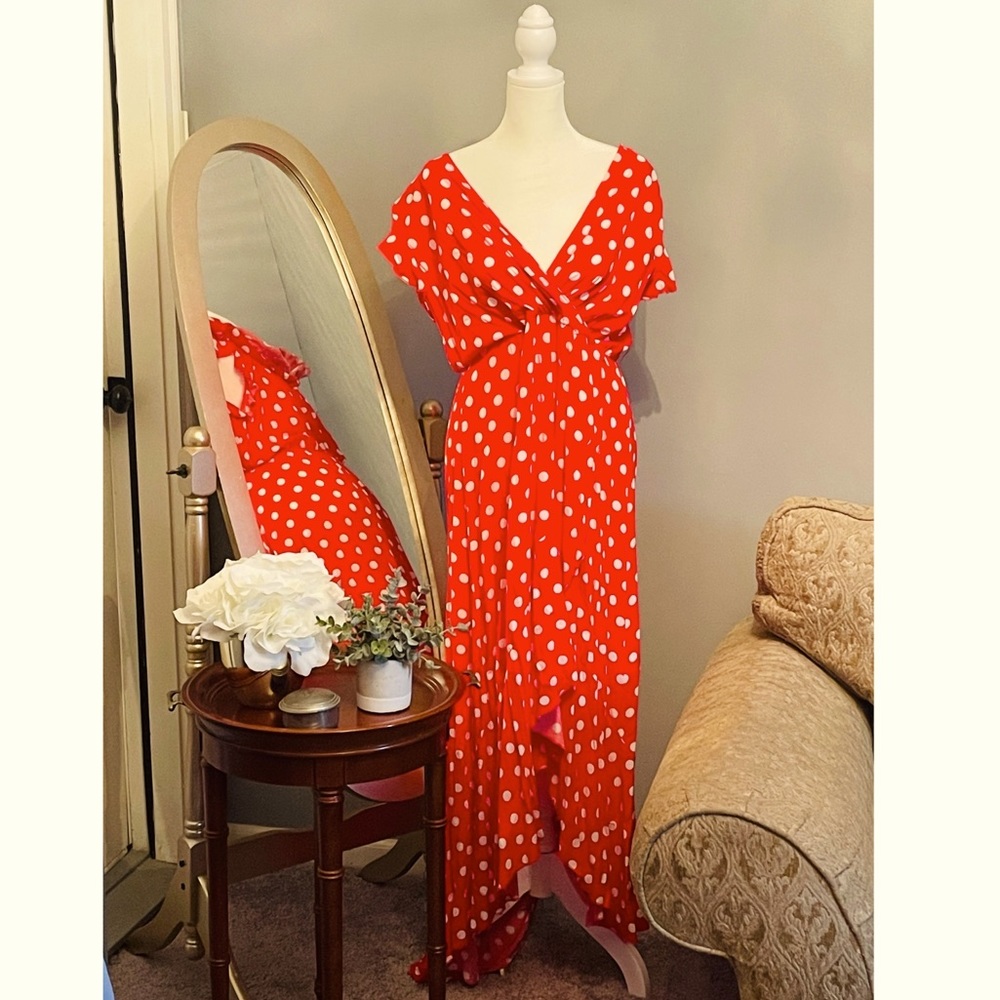 Red with white polka dot high low cap flutter sleeve dress